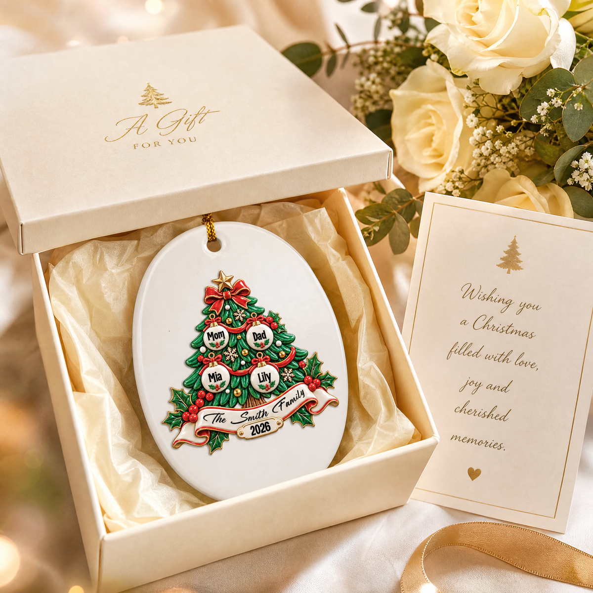Personalized Christmas Tree Family Ceramic Oval Ornament, Custom Member Names Year Xmas Tree Hanging Decor Keepsake, Warm Holiday Gift for Family