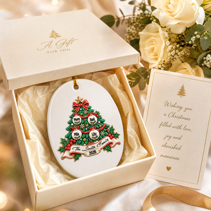 Personalized Christmas Tree Family Ceramic Oval Ornament, Custom Member Names Year Xmas Tree Hanging Decor Keepsake, Warm Holiday Gift for Family