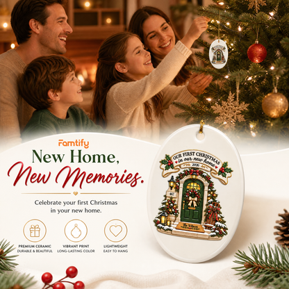 Personalized Our First Christmas In Our New Home Ceramic Oval Ornament, Custom Family Name House Number Year Xmas Tree Hanging Decor Keepsake, New Homeowner Housewarming Gift