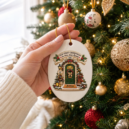 Personalized Our First Christmas In Our New Home Ceramic Oval Ornament, Custom Family Name House Number Year Xmas Tree Hanging Decor Keepsake, New Homeowner Housewarming Gift