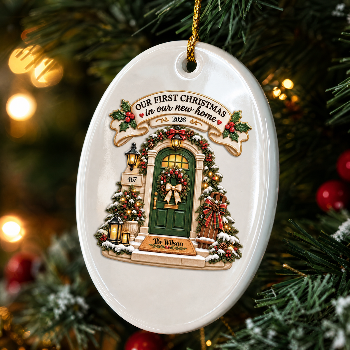 Personalized Our First Christmas In Our New Home Ceramic Oval Ornament, Custom Family Name House Number Year Xmas Tree Hanging Decor Keepsake, New Homeowner Housewarming Gift