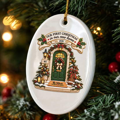 Personalized Our First Christmas In Our New Home Ceramic Oval Ornament, Custom Family Name House Number Year Xmas Tree Hanging Decor Keepsake, New Homeowner Housewarming Gift