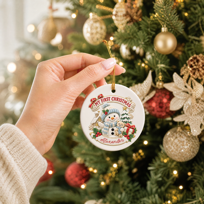 Personalized Baby My First Christmas Snowman Ceramic Ornament, Custom Name Cute Snowman Teddy Bear Xmas Tree Hanging Decor Keepsake, New Baby Holiday Gift