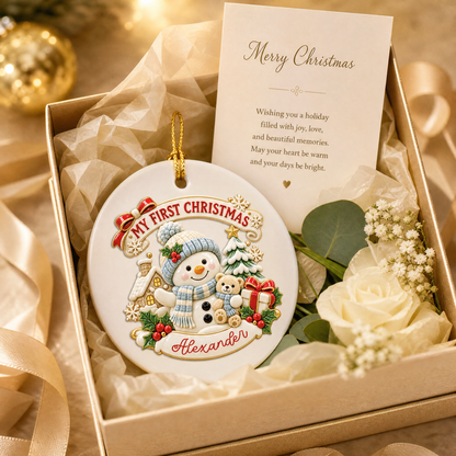 Personalized Baby My First Christmas Snowman Ceramic Ornament, Custom Name Cute Snowman Teddy Bear Xmas Tree Hanging Decor Keepsake, New Baby Holiday Gift
