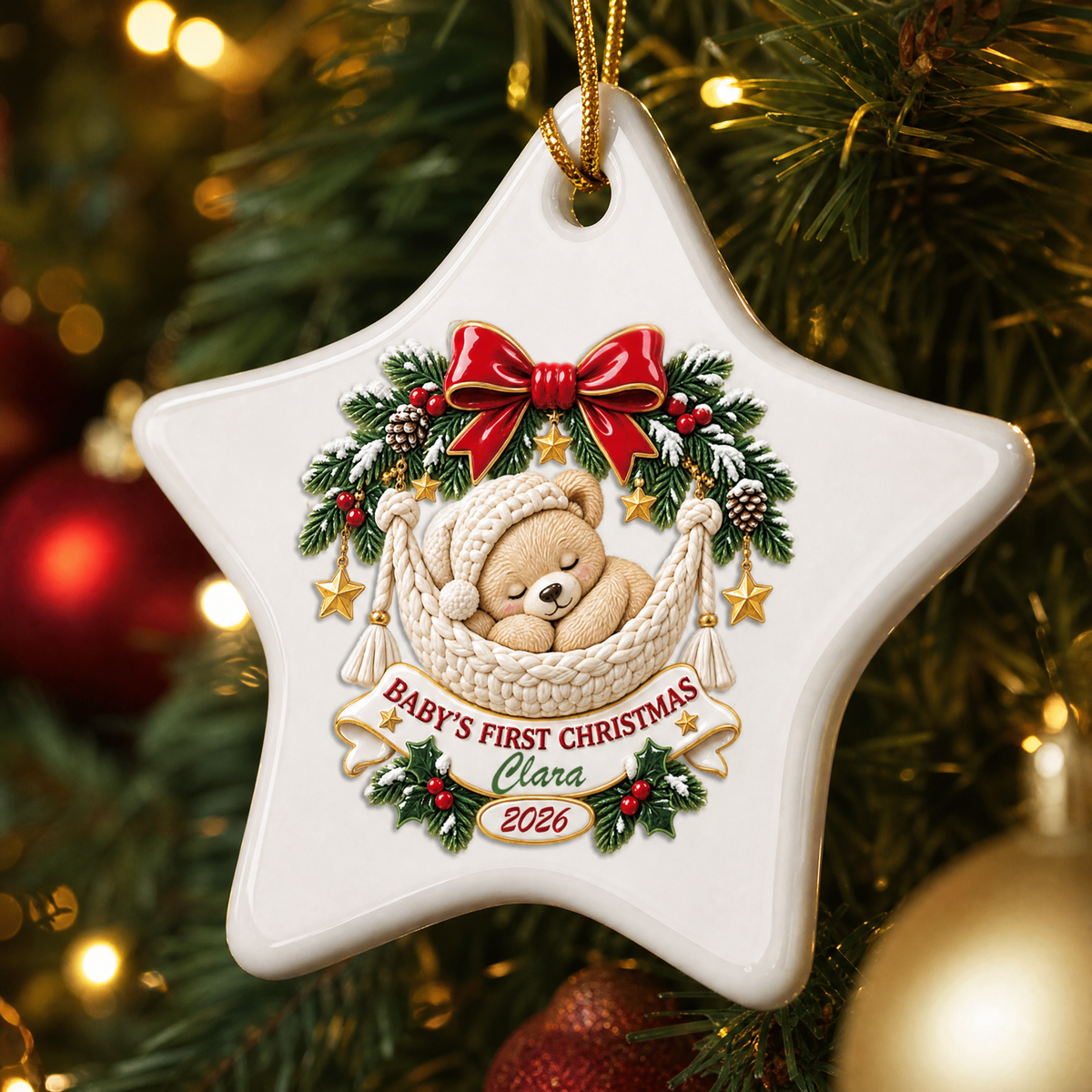 Personalized Baby's First Christmas Sleeping Bear Ceramic Star Ornament, Custom Name Year Xmas Tree Hanging Decor Keepsake, New Baby Shower Gift