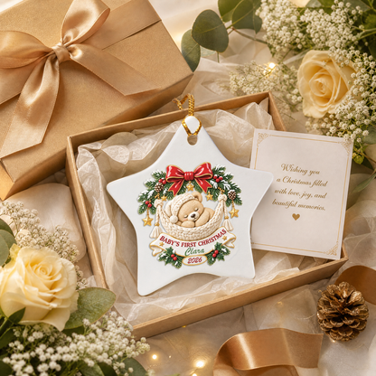 Personalized Baby's First Christmas Sleeping Bear Ceramic Star Ornament, Custom Name Year Xmas Tree Hanging Decor Keepsake, New Baby Shower Gift