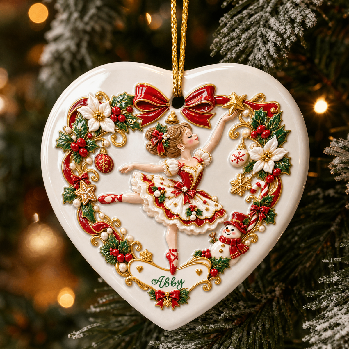 Personalized Ballerina Christmas Ceramic Heart Ornament, Custom Name Dancing Girl Xmas Tree Hanging Decor Keepsake, Ballet Lover Holiday Gift