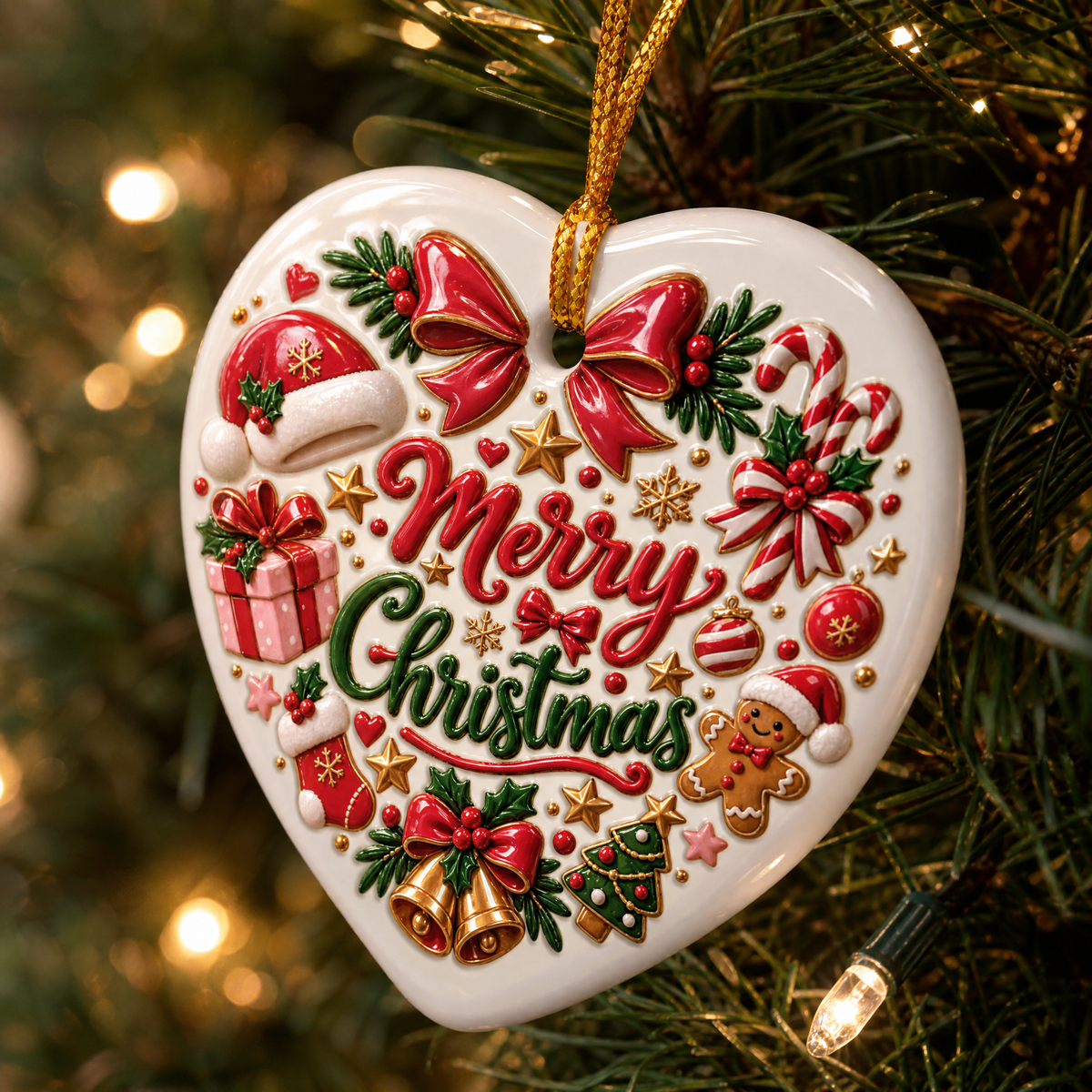 Merry Christmas Festive Elements Ceramic Heart Ornament, Xmas Tree Hanging Decor Keepsake, Classic Holiday Gift