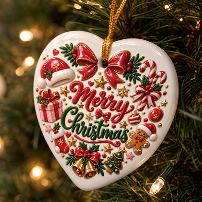Merry Christmas Festive Elements Ceramic Heart Ornament, Xmas Tree Hanging Decor Keepsake, Classic Holiday Gift