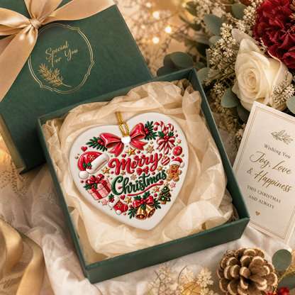 Merry Christmas Festive Elements Ceramic Heart Ornament, Xmas Tree Hanging Decor Keepsake, Classic Holiday Gift