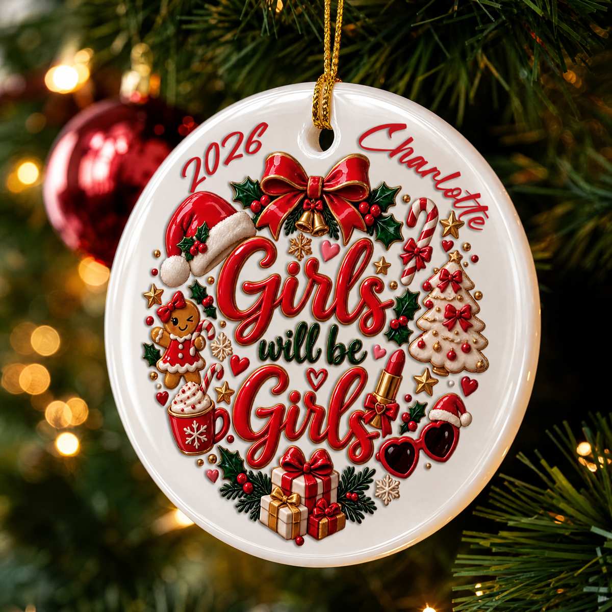 Personalized Girls Will Be Girls Christmas Ceramic Round Ornament, Custom Name Year Xmas Tree Hanging Decor Keepsake, Fun Best Friend Sister Holiday Gift