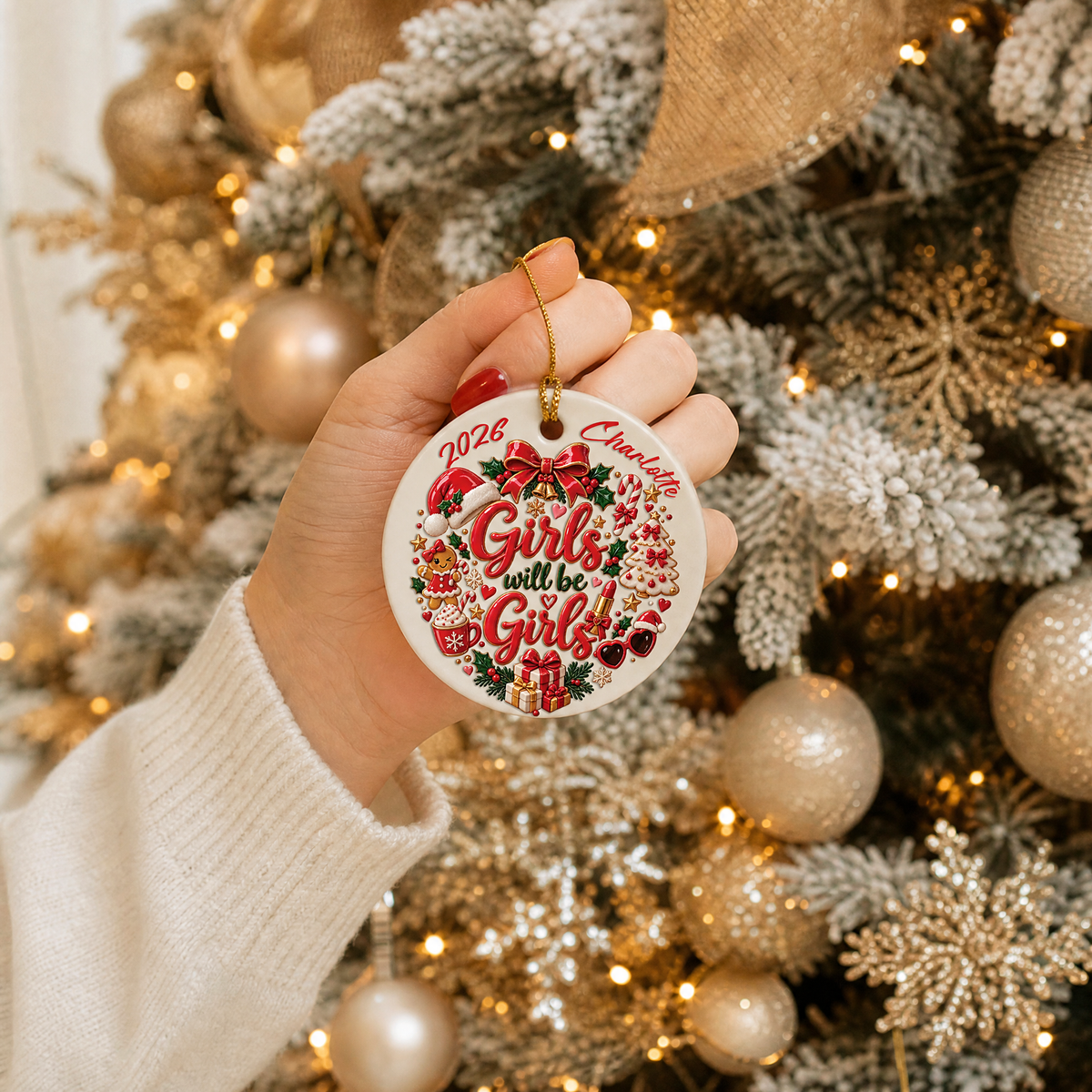 Personalized Girls Will Be Girls Christmas Ceramic Round Ornament, Custom Name Year Xmas Tree Hanging Decor Keepsake, Fun Best Friend Sister Holiday Gift