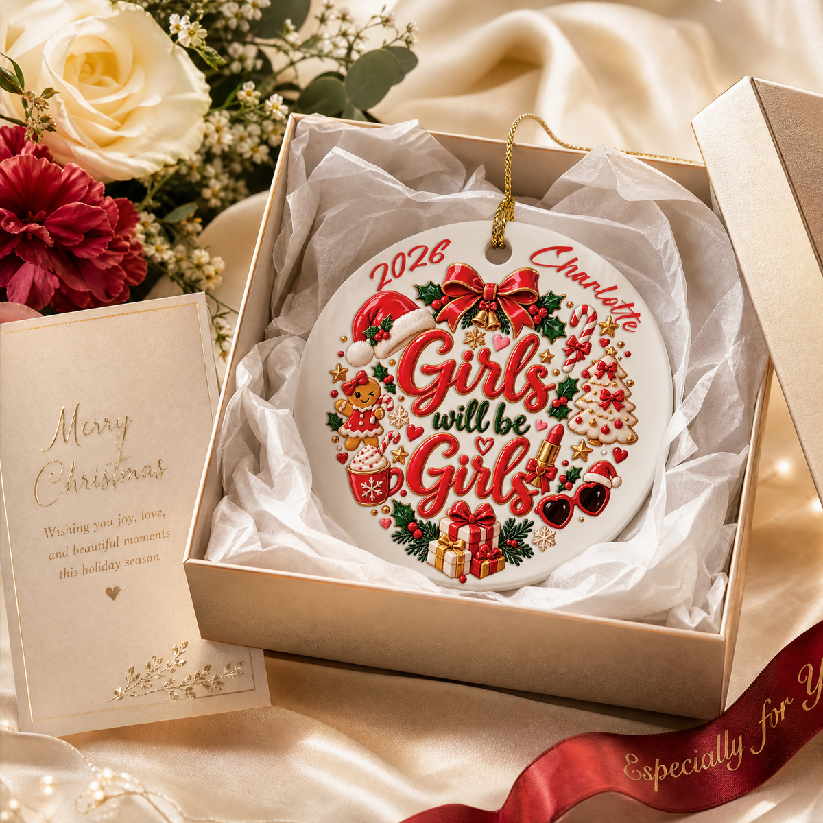 Personalized Girls Will Be Girls Christmas Ceramic Round Ornament, Custom Name Year Xmas Tree Hanging Decor Keepsake, Fun Best Friend Sister Holiday Gift