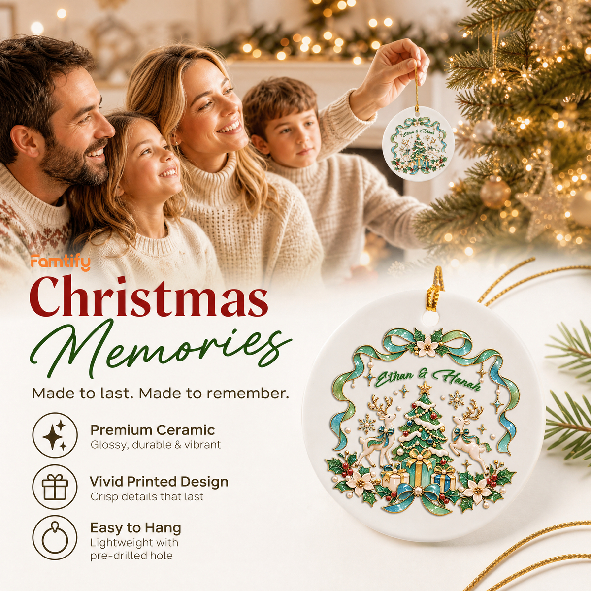 Personalized Reindeer Christmas Tree Ceramic Round Ornament, Custom Name Elegant Xmas Tree Hanging Decor Keepsake, Romantic Couple Holiday Gift
