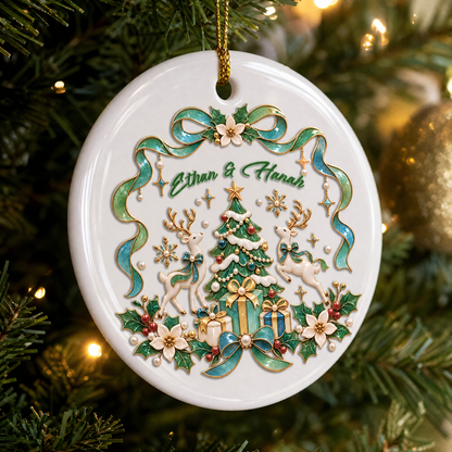 Personalized Reindeer Christmas Tree Ceramic Round Ornament, Custom Name Elegant Xmas Tree Hanging Decor Keepsake, Romantic Couple Holiday Gift