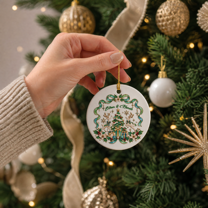Personalized Reindeer Christmas Tree Ceramic Round Ornament, Custom Name Elegant Xmas Tree Hanging Decor Keepsake, Romantic Couple Holiday Gift