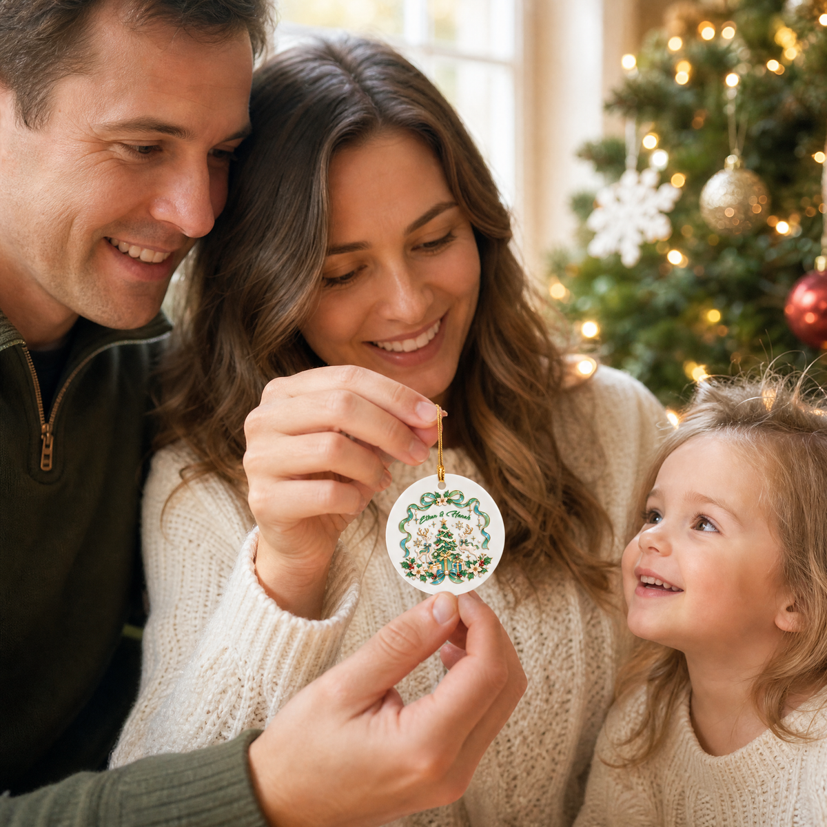 Personalized Reindeer Christmas Tree Ceramic Round Ornament, Custom Name Elegant Xmas Tree Hanging Decor Keepsake, Romantic Couple Holiday Gift