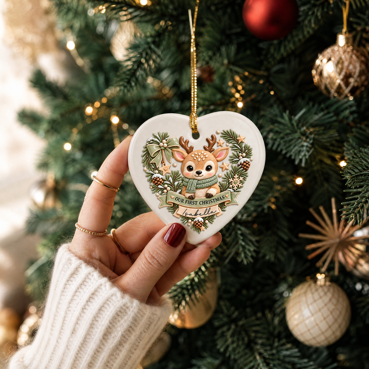 Personalized Baby Reindeer Our First Christmas Ceramic Heart Ornament, Custom Name Baby Milestone Xmas Tree Hanging Decor Keepsake, New Baby Holiday Gift