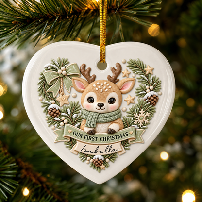 Personalized Baby Reindeer Our First Christmas Ceramic Heart Ornament, Custom Name Baby Milestone Xmas Tree Hanging Decor Keepsake, New Baby Holiday Gift