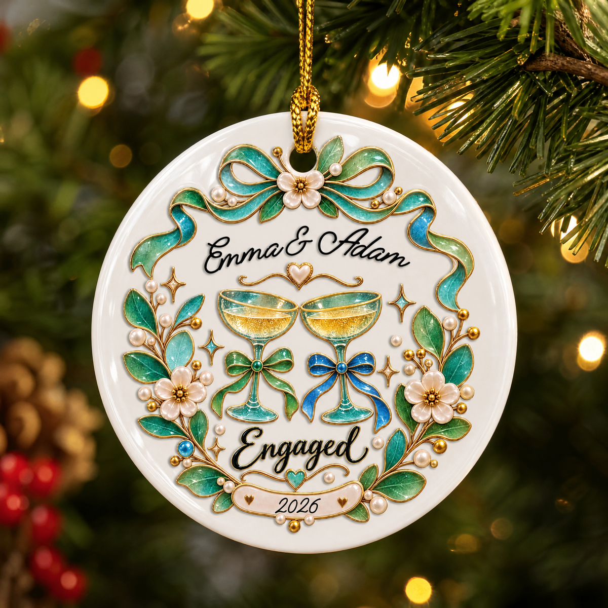 Personalized Engaged Champagne Glasses Ceramic Round Ornament, Custom Name Year Xmas Tree Hanging Decor Keepsake, Romantic Engagement Holiday Gift