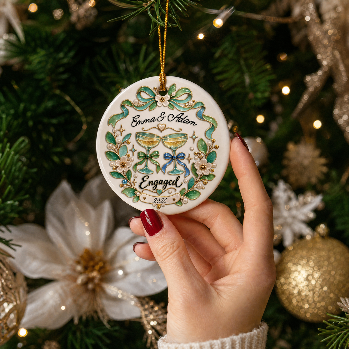 Personalized Engaged Champagne Glasses Ceramic Round Ornament, Custom Name Year Xmas Tree Hanging Decor Keepsake, Romantic Engagement Holiday Gift