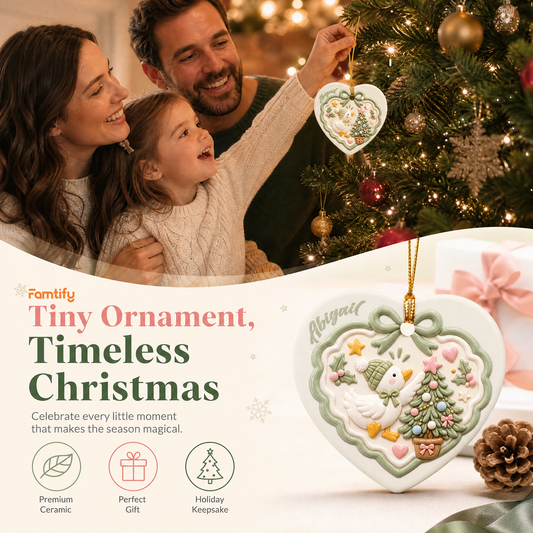 Personalized Cute Duck Christmas Tree Ceramic Heart Ornament, view 2