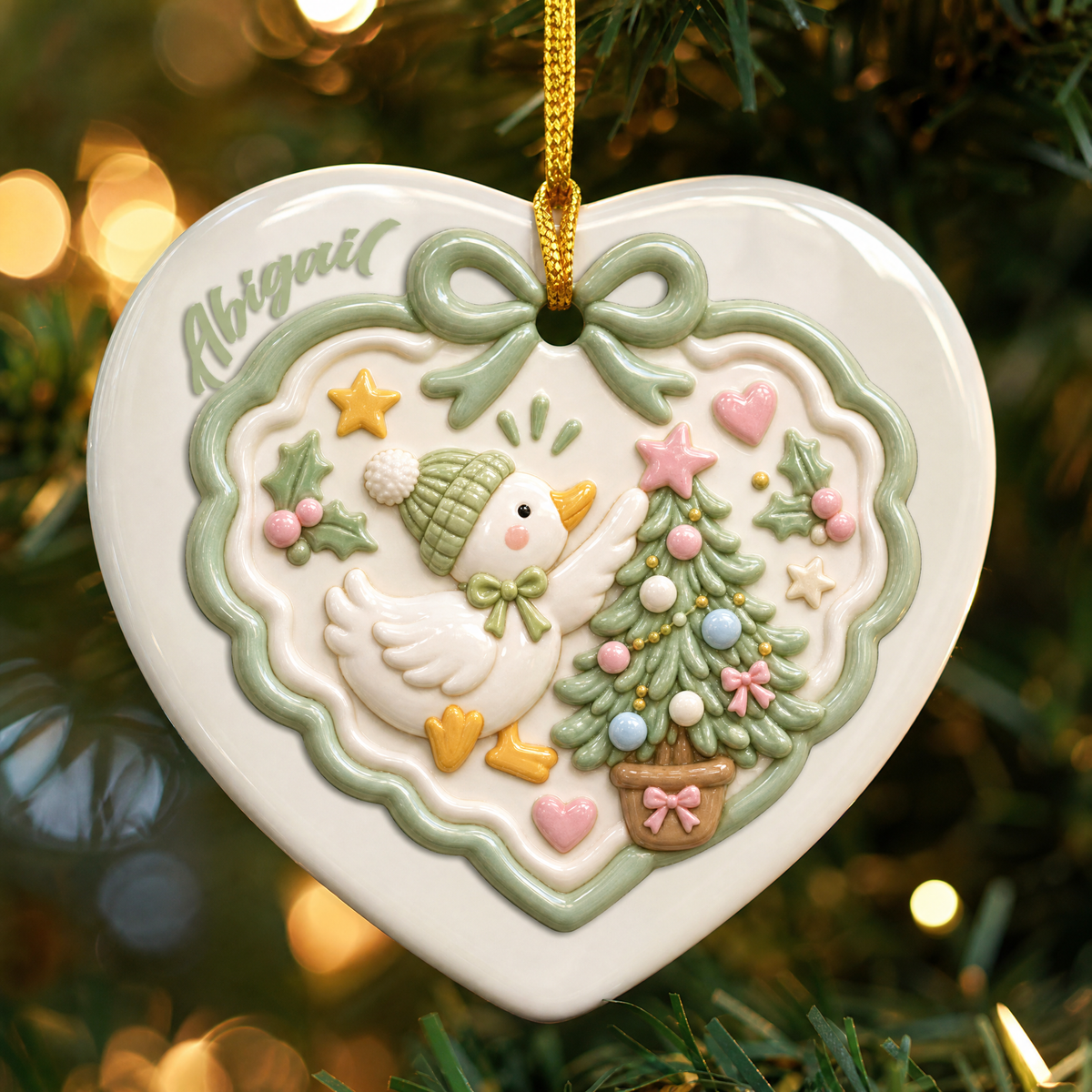 Personalized Cute Duck Christmas Tree Ceramic Heart Ornament, Custom Name Xmas Tree Hanging Decor Keepsake, Kids Toddler Holiday Gift