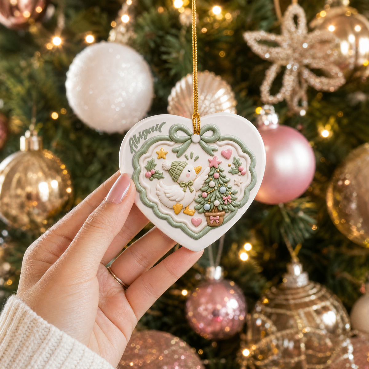 Personalized Cute Duck Christmas Tree Ceramic Heart Ornament, Custom Name Xmas Tree Hanging Decor Keepsake, Kids Toddler Holiday Gift
