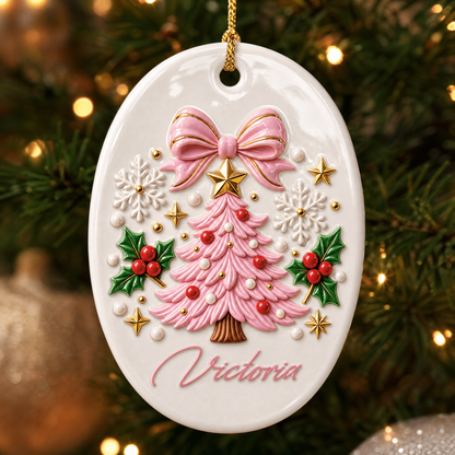 Personalized Pink Christmas Tree Ceramic Oval Ornament, Custom Name Xmas Tree Hanging Decor Keepsake, Pretty Pink Holiday Gift