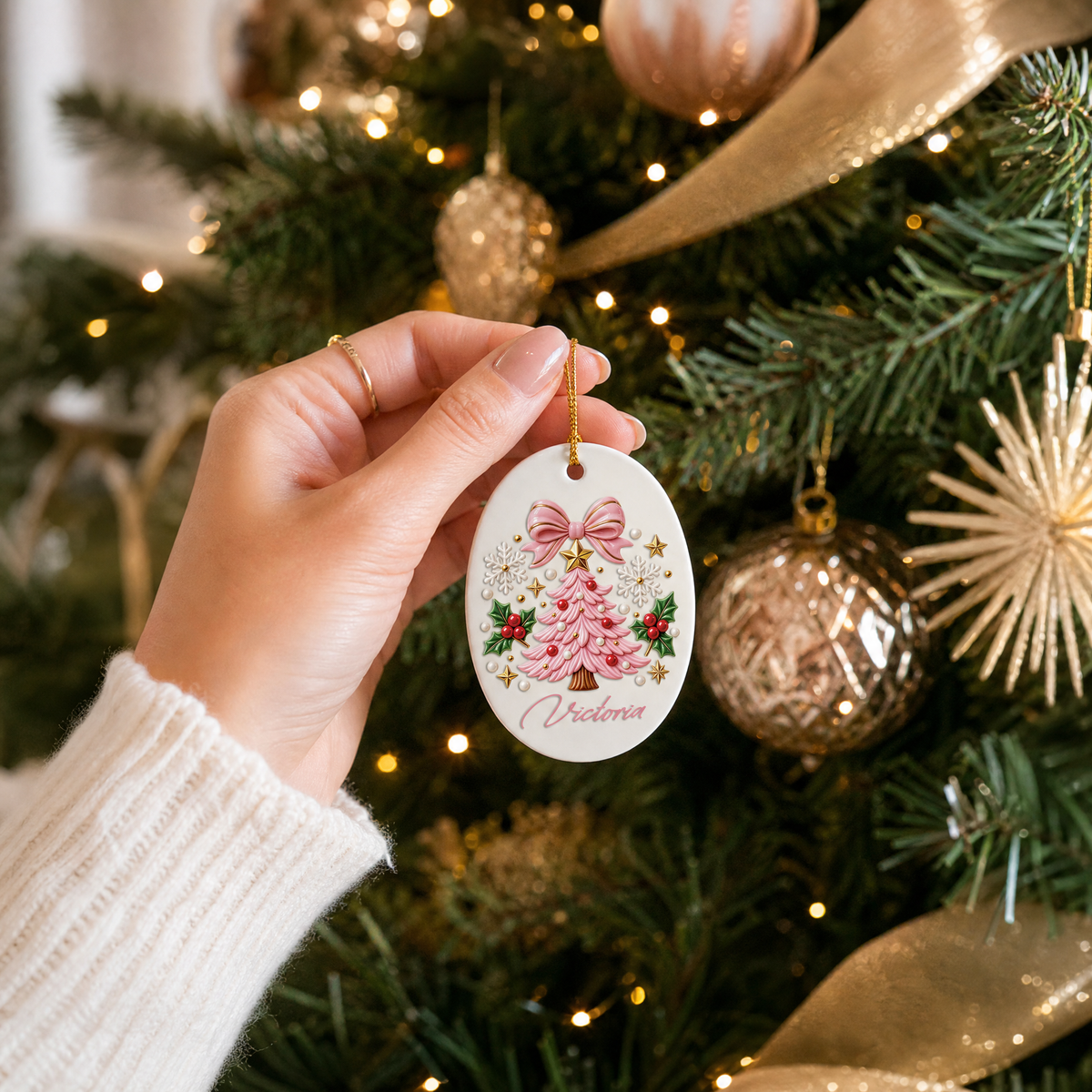 Personalized Pink Christmas Tree Ceramic Oval Ornament, Custom Name Xmas Tree Hanging Decor Keepsake, Pretty Pink Holiday Gift