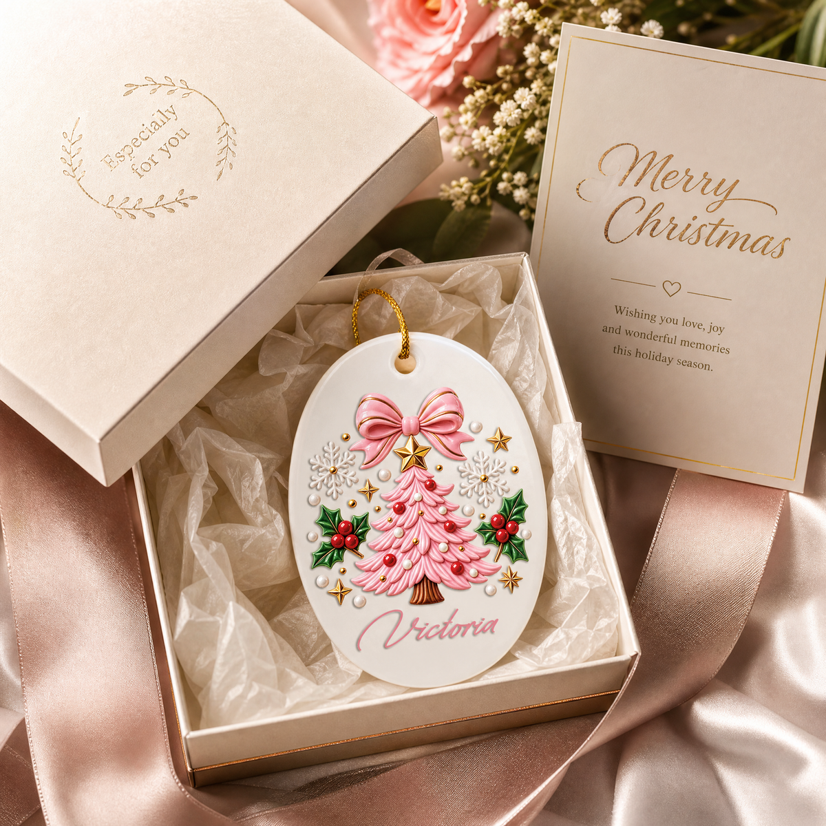 Personalized Pink Christmas Tree Ceramic Oval Ornament, Custom Name Xmas Tree Hanging Decor Keepsake, Pretty Pink Holiday Gift