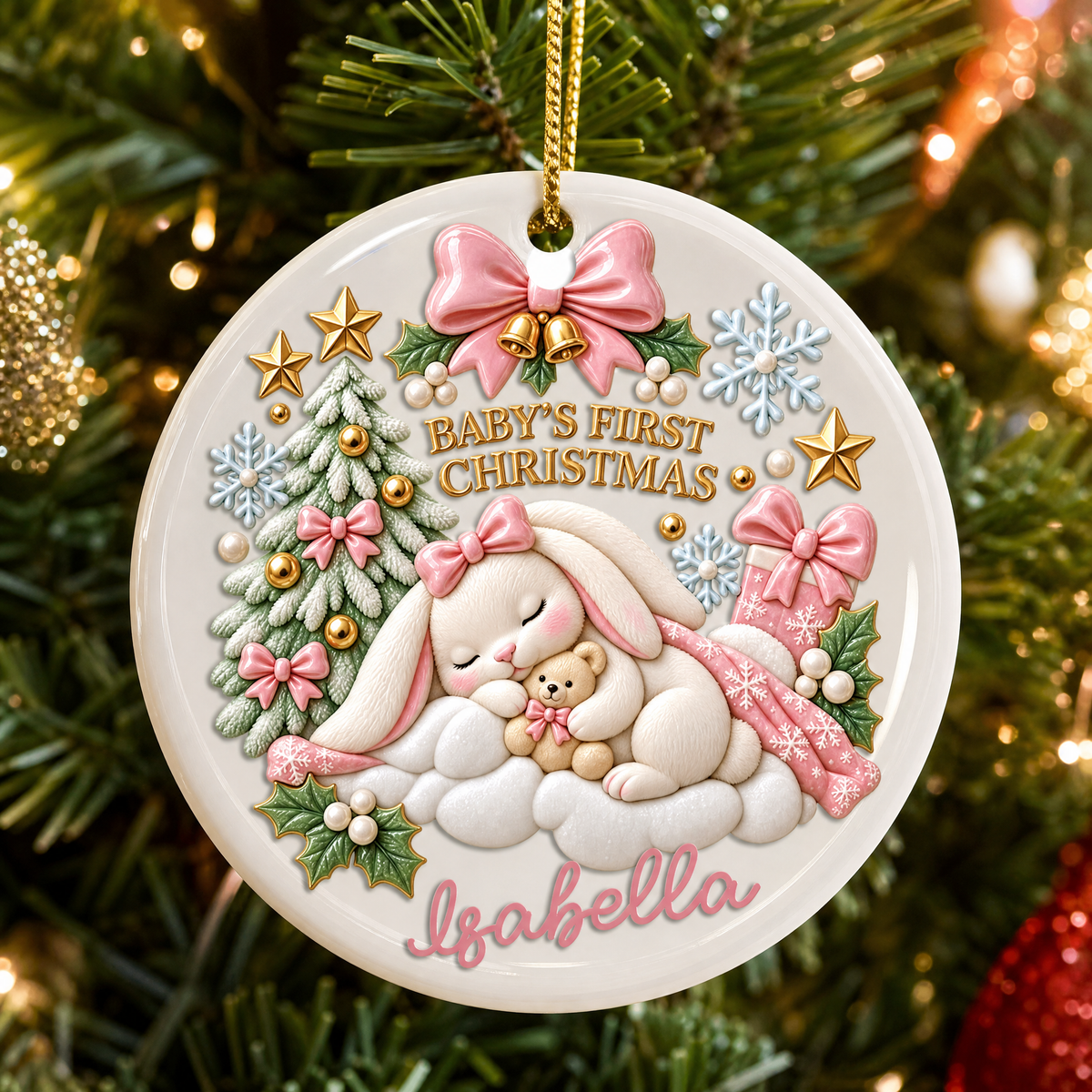 Personalized Sleeping Bunny Baby's First Christmas Ceramic Round Ornament, Custom Name Milestone Xmas Tree Hanging Decor Keepsake, Newborn Baby Holiday Gift