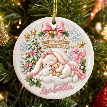 Personalized Sleeping Bunny Baby's First Christmas Ceramic Round Ornament, Custom Name Milestone Xmas Tree Hanging Decor Keepsake, Newborn Baby Holiday Gift