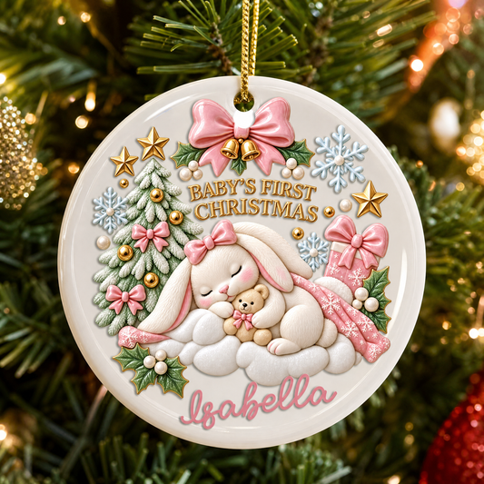 Personalized Sleeping Bunny Baby's First Christmas Ceramic Round Ornament, view 2