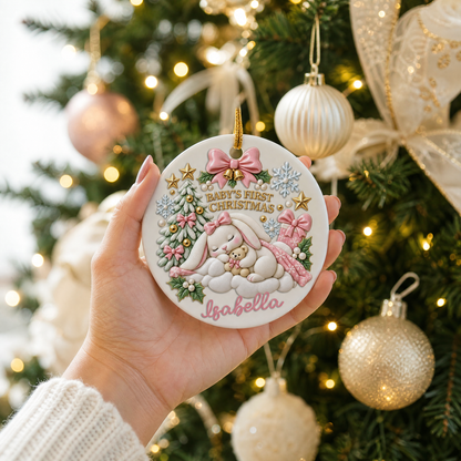 Personalized Sleeping Bunny Baby's First Christmas Ceramic Round Ornament, Custom Name Milestone Xmas Tree Hanging Decor Keepsake, Newborn Baby Holiday Gift