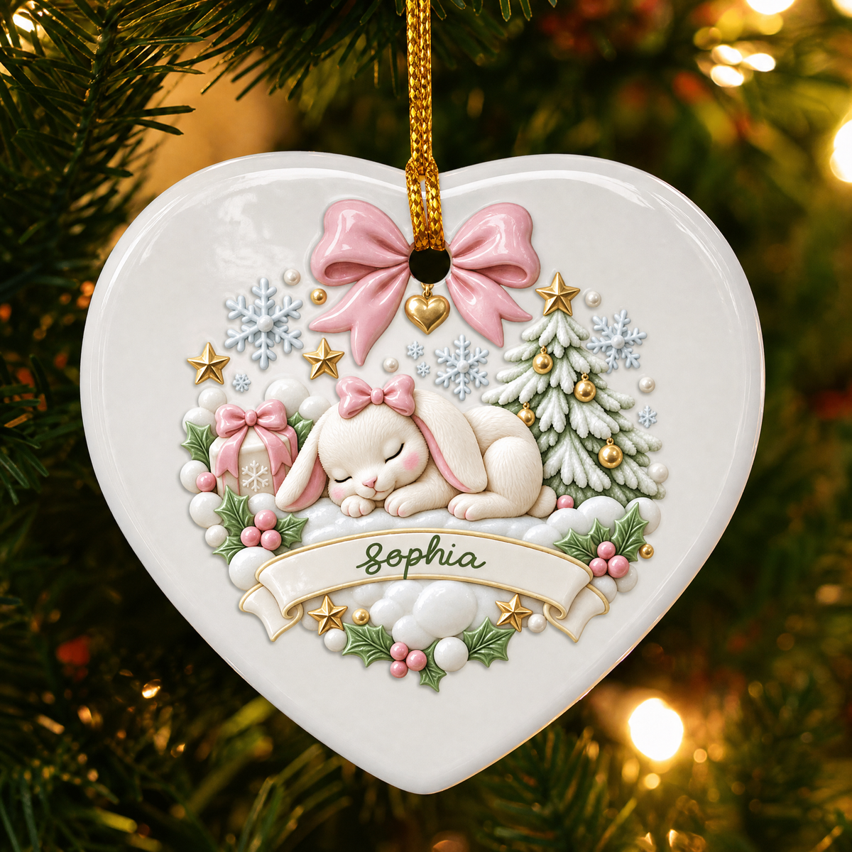 Personalized Sleeping Bunny Christmas Ceramic Heart Ornament, Custom Name Xmas Tree Hanging Decor Keepsake, Cute Baby Girl Holiday Gift