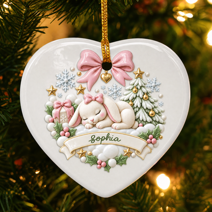 Personalized Sleeping Bunny Christmas Ceramic Heart Ornament, Custom Name Xmas Tree Hanging Decor Keepsake, Cute Baby Girl Holiday Gift