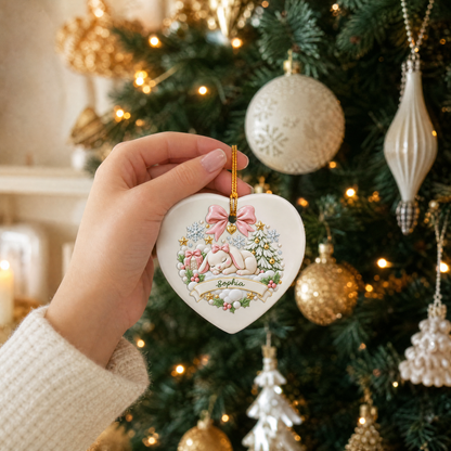 Personalized Sleeping Bunny Christmas Ceramic Heart Ornament, Custom Name Xmas Tree Hanging Decor Keepsake, Cute Baby Girl Holiday Gift