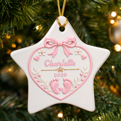 Personalized Baby Footprints Ceramic Star Ornament, Custom Name Year Pink Bow Heart Xmas Tree Hanging Decor Keepsake, Newborn Girl Holiday Gift