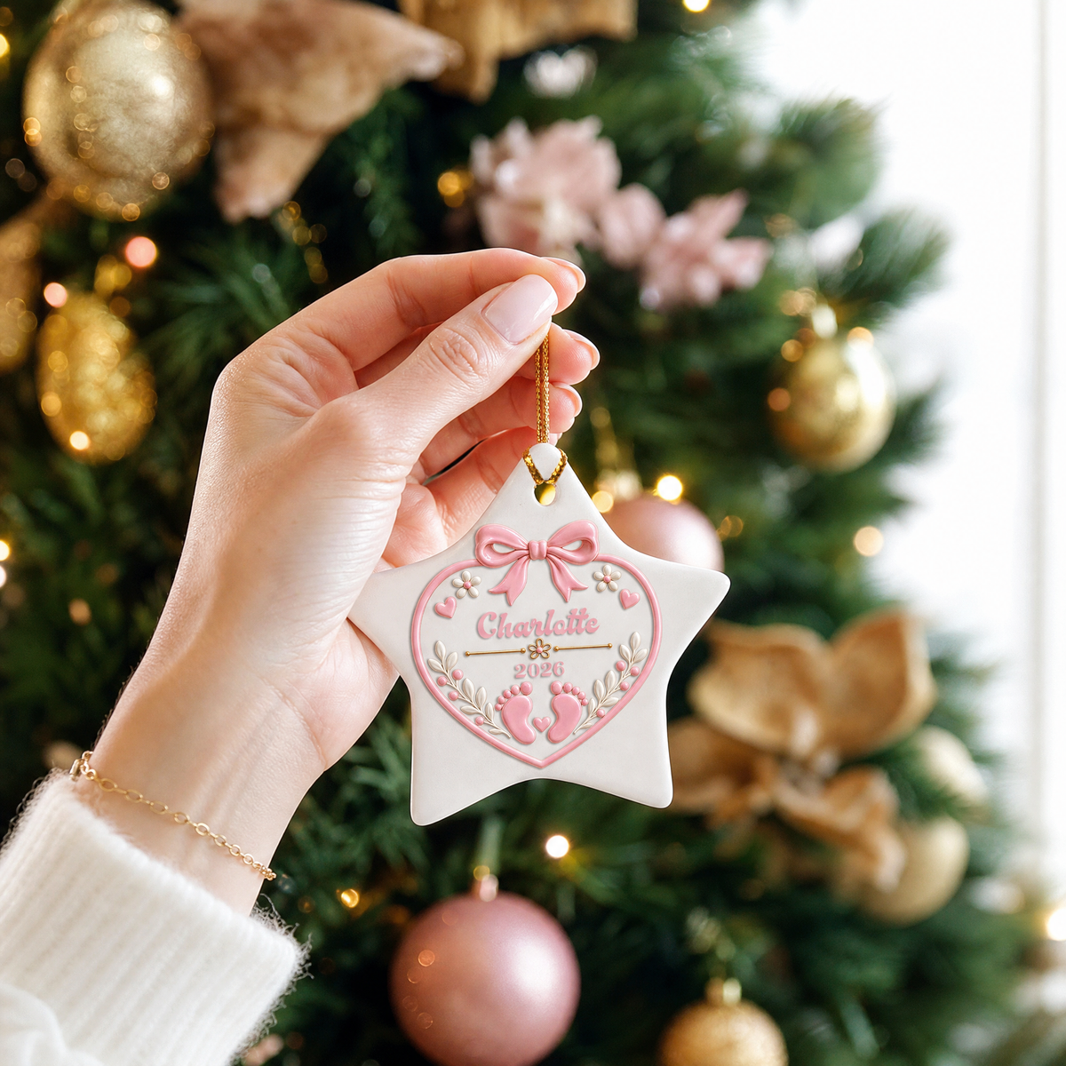 Personalized Baby Footprints Ceramic Star Ornament, Custom Name Year Pink Bow Heart Xmas Tree Hanging Decor Keepsake, Newborn Girl Holiday Gift