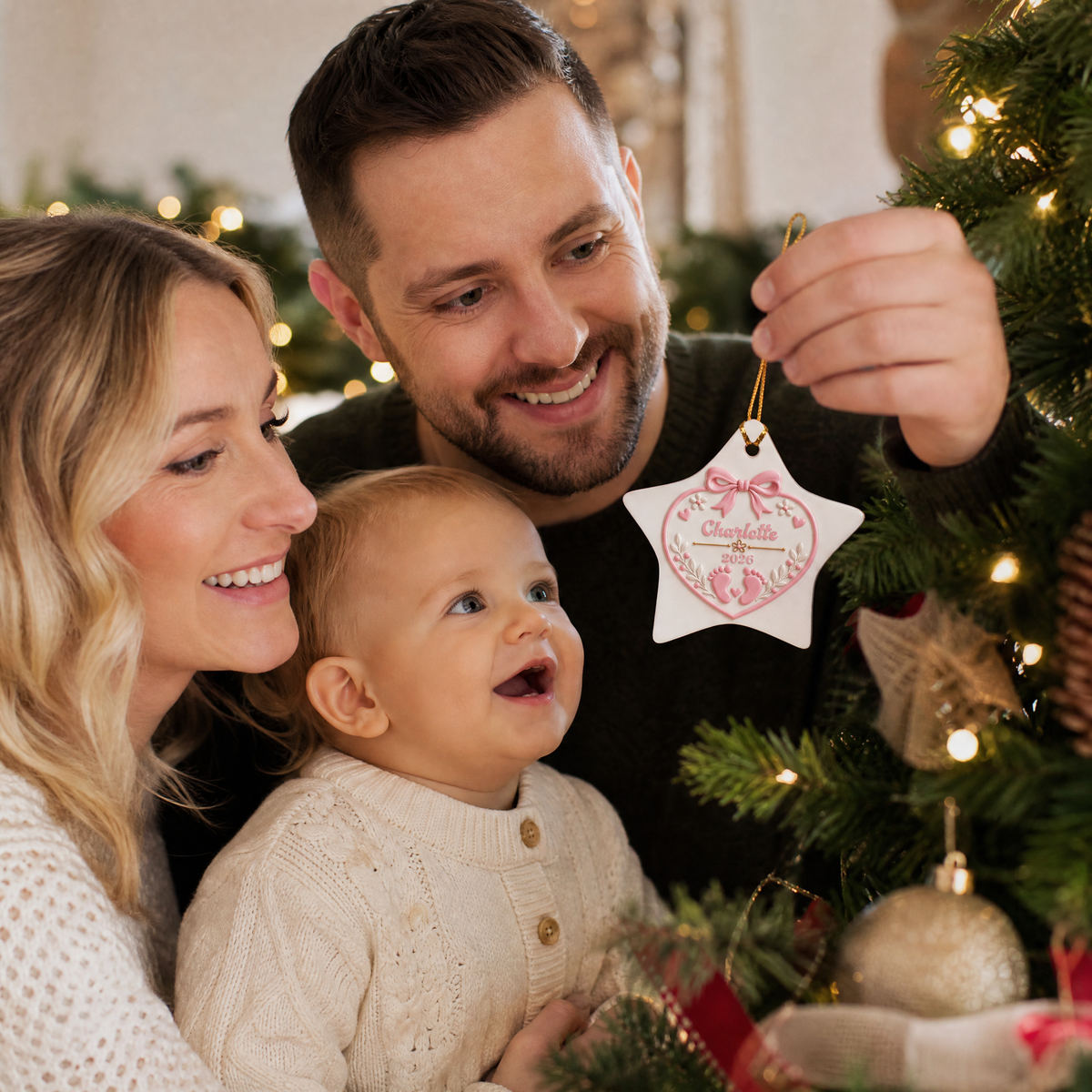 Personalized Baby Footprints Ceramic Star Ornament, Custom Name Year Pink Bow Heart Xmas Tree Hanging Decor Keepsake, Newborn Girl Holiday Gift