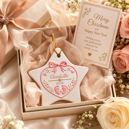 Personalized Baby Footprints Ceramic Star Ornament, Custom Name Year Pink Bow Heart Xmas Tree Hanging Decor Keepsake, Newborn Girl Holiday Gift