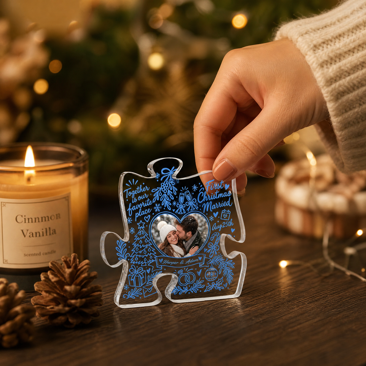 Personalized First Christmas Married Custom Photo Acrylic Puzzle Plaque, Custom Couple Name Date Blue Doodle Xmas Tabletop Keepsake, Newlywed Holiday Gift