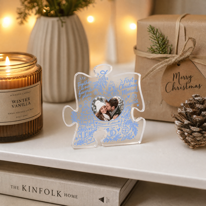 Personalized First Christmas Married Custom Photo Acrylic Puzzle Plaque, Custom Couple Name Date Blue Doodle Xmas Tabletop Keepsake, Newlywed Holiday Gift
