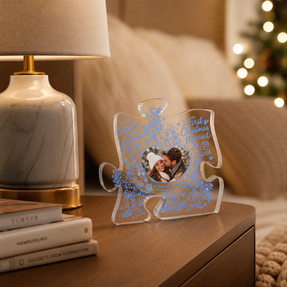 Personalized First Christmas Married Custom Photo Acrylic Puzzle Plaque, Custom Couple Name Date Blue Doodle Xmas Tabletop Keepsake, Newlywed Holiday Gift