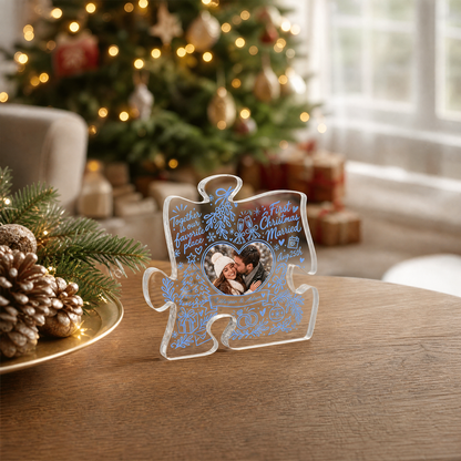 Personalized First Christmas Married Custom Photo Acrylic Puzzle Plaque, Custom Couple Name Date Blue Doodle Xmas Tabletop Keepsake, Newlywed Holiday Gift