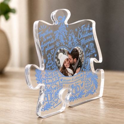 Personalized First Christmas Married Custom Photo Acrylic Puzzle Plaque, Custom Couple Name Date Blue Doodle Xmas Tabletop Keepsake, Newlywed Holiday Gift