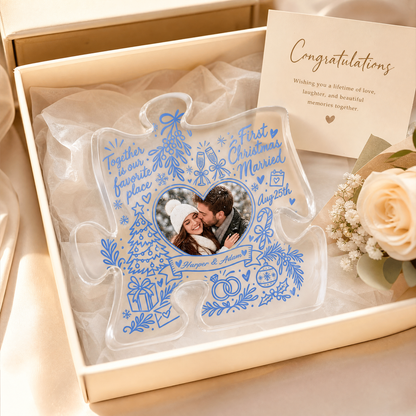Personalized First Christmas Married Custom Photo Acrylic Puzzle Plaque, Custom Couple Name Date Blue Doodle Xmas Tabletop Keepsake, Newlywed Holiday Gift