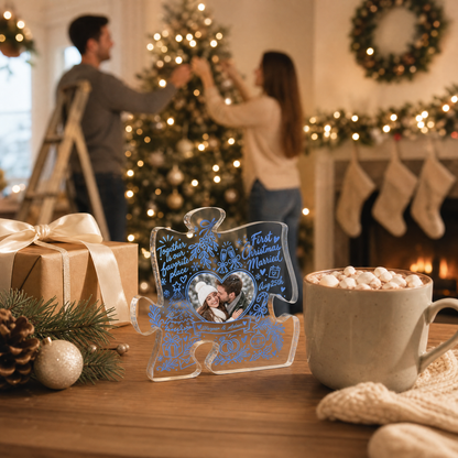 Personalized First Christmas Married Custom Photo Acrylic Puzzle Plaque, Custom Couple Name Date Blue Doodle Xmas Tabletop Keepsake, Newlywed Holiday Gift