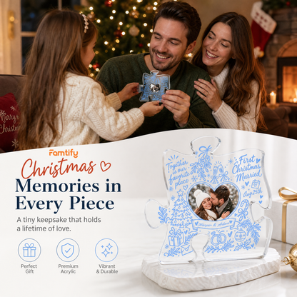 Personalized First Christmas Married Custom Photo Acrylic Puzzle Plaque, Custom Couple Name Date Blue Doodle Xmas Tabletop Keepsake, Newlywed Holiday Gift